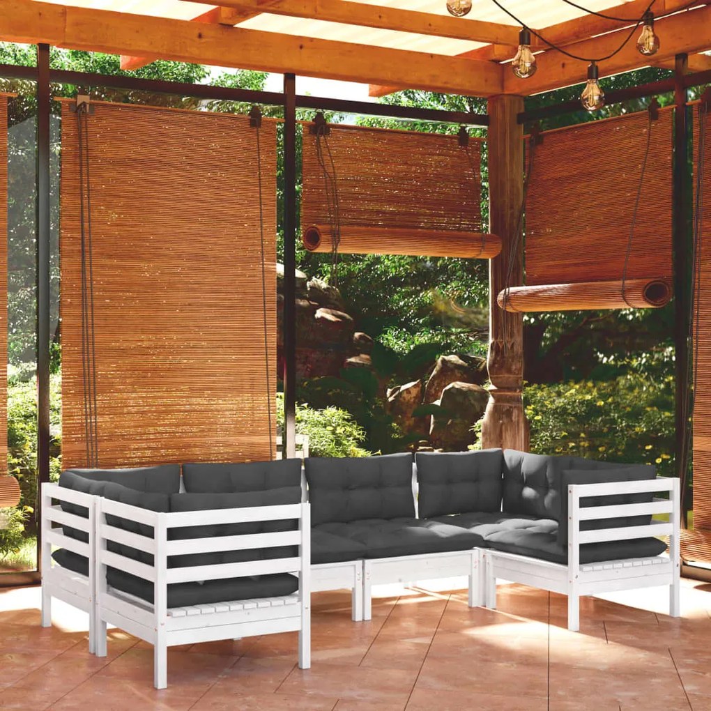 Set divani da giardino 6 pz con cuscini bianchi legno di pino