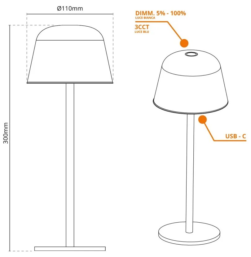 Lampada da Tavolo Ricaricabile 2.2W, IP54 CCT Dimmerabile - Nera Colore del corpo Nero