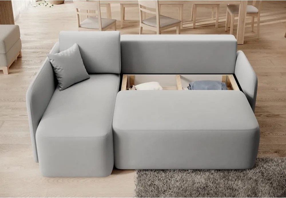 Divano angolare grigio chiaro allungabile/con contenitore (con penisola a sinistra/con chaise lounge) e rivestimento in velluto Hadson – ELTAP