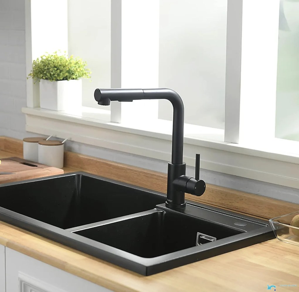 Doccetta per rubinetto da cucina EYN BG1708 a due getti, nero opaco o nero con anello degli ugelli grigio