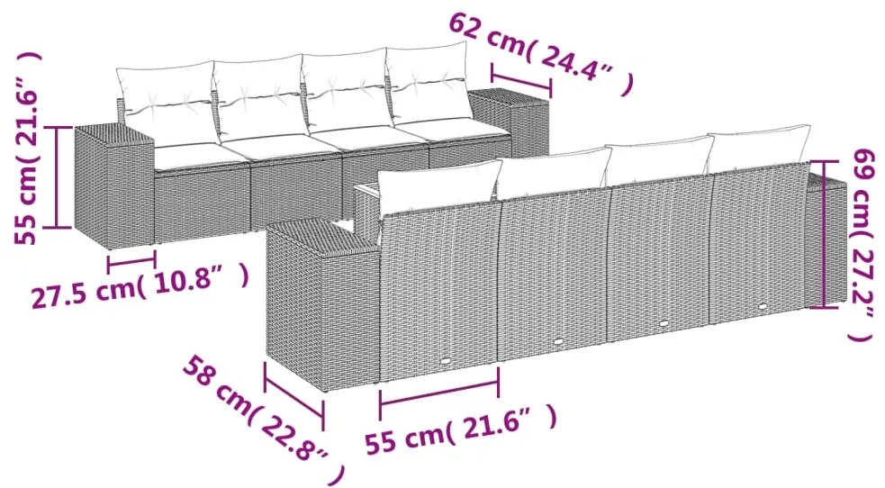 Set divano da giardino 9 pz con cuscini beige in polyrattan