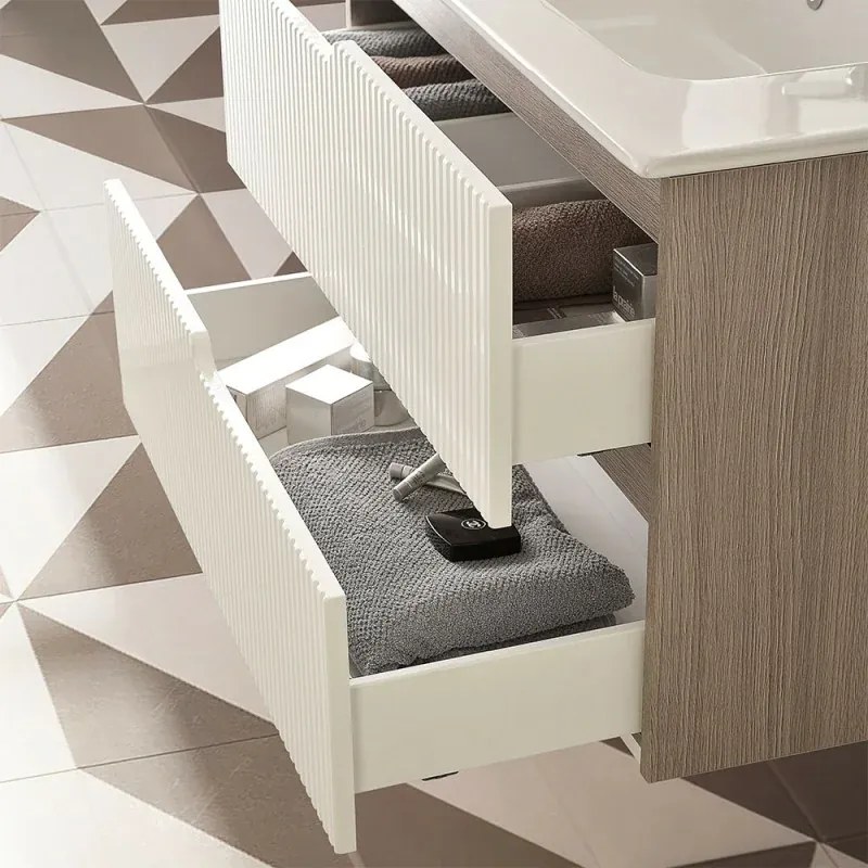 Mobile bagno sospeso 80 cm bianco cannettato e olmo con specchio Porto