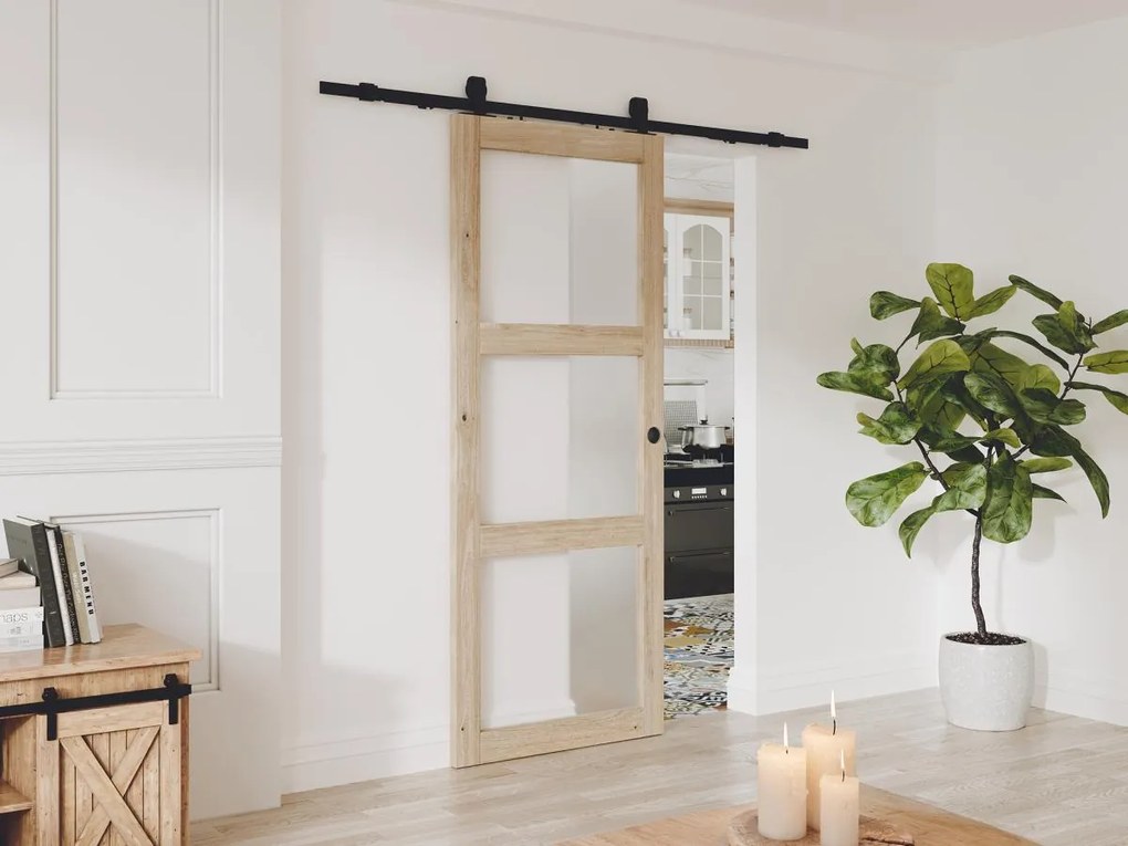 Porta scorrevole con sistema esterno muro 3 finestre H205xL93cm Legno e Vetro temperato smerig. - ACOSTA II