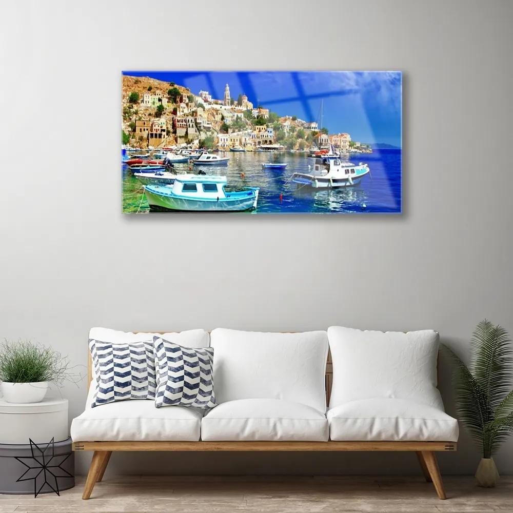 Quadro su vetro acrilico Barca da città, paesaggio marino 100x50 cm