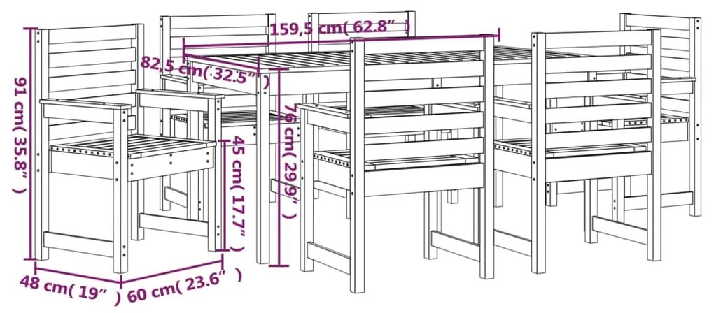 Set da Pranzo per Giardino 7pz Grigio in Legno Massello di Pino