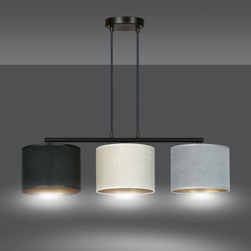 Lampadario 3 Luci Ganesha In Acciaio Nero E Paralumi In Tessuto Multicolore