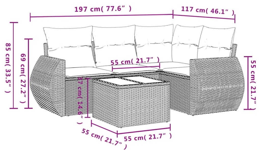 Set divano da giardino 5 pz con cuscini grigio in polyrattan