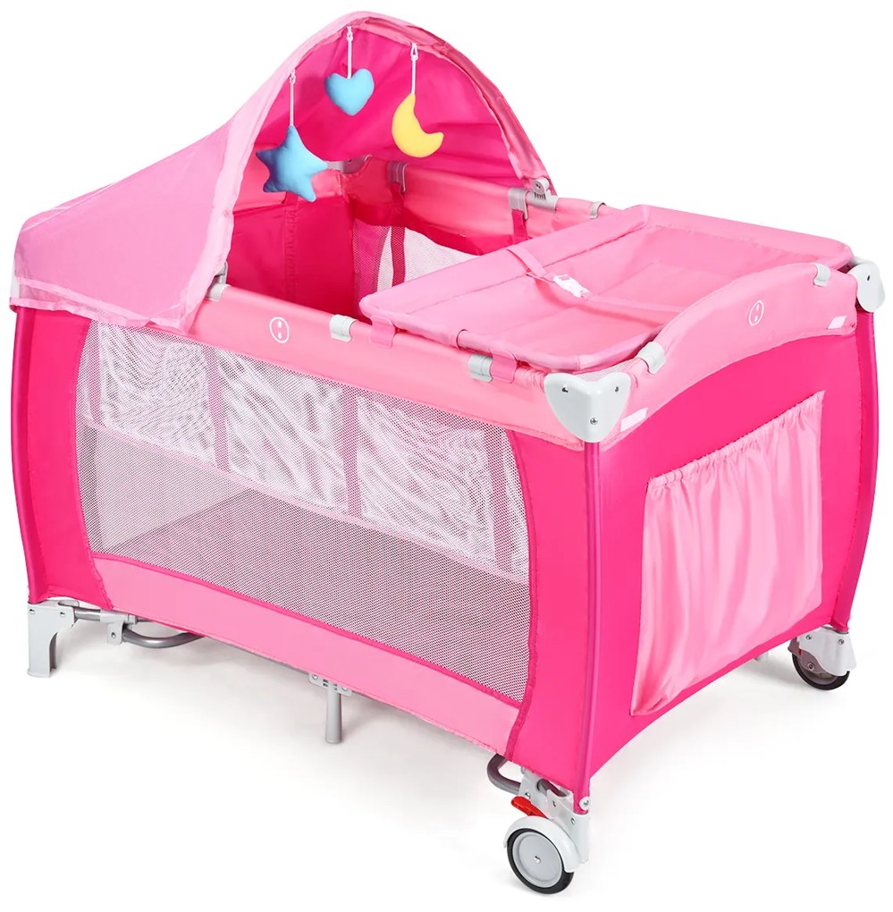 Costway Culla per bimbo pieghevole con zanzariera 124x65x121cm, Lettino bimbo a due livelli regolabile Rosa