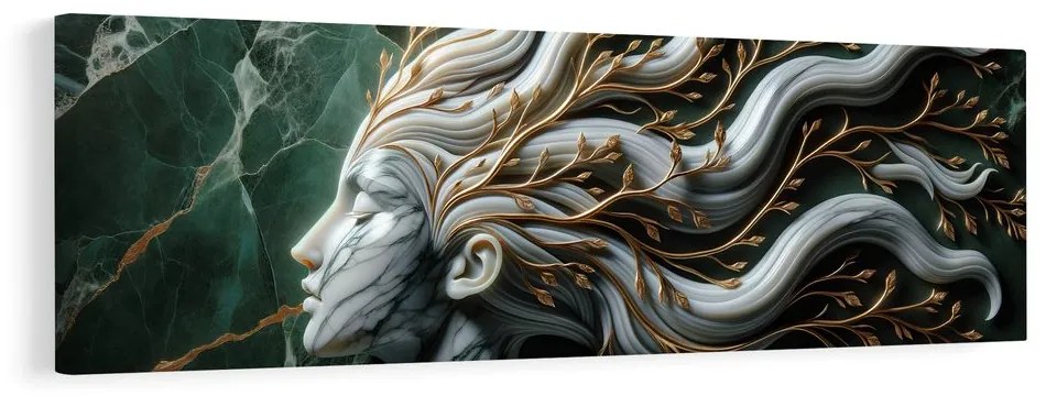 Quadro su tela – Donna unita alla natura con foglie dorate