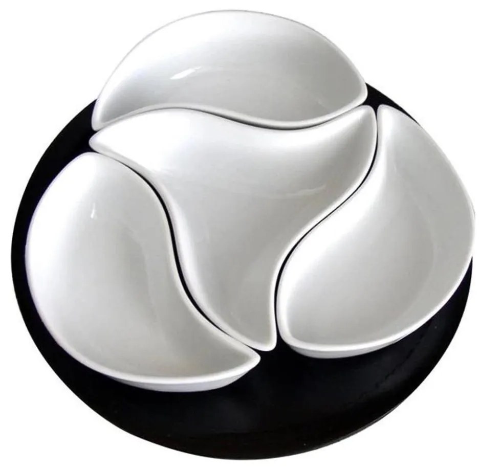 Set di 4 ciotole con vassoio TORO in ceramica e legno