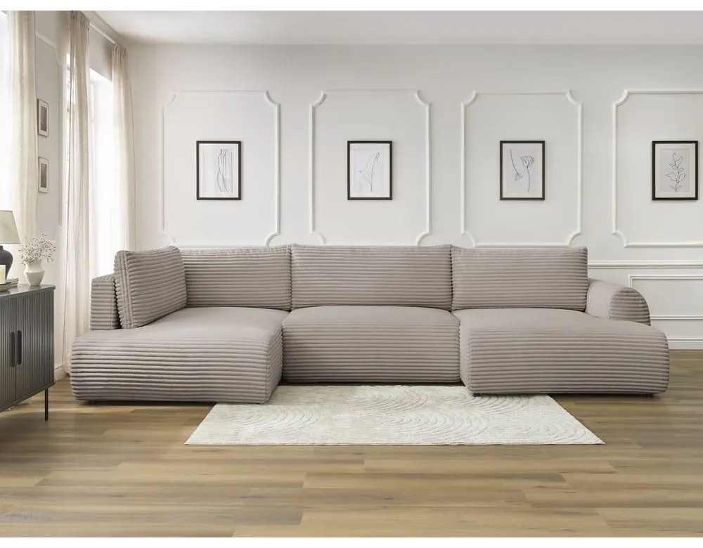 Divano angolare in grigio chiaro/beige allungabile (con penisola a destra/a forma di "U") con rivestimento in velluto a coste Lucien – Bobochic Paris