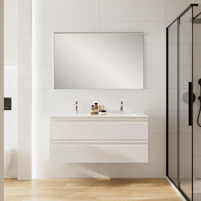 Mobile bagno sospeso con lavabo L 120 x H 56 x P 46 cm bianco opaco in mdf 2 cassetti per doppia vasca Pull,piedini non inclusi