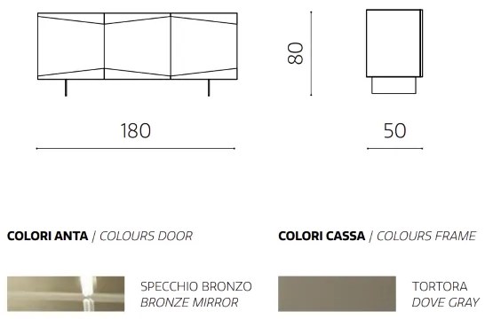 Madia credenza a 3 ante in vetro specchio bronzo scocca tortora e 2 piedini ISIDE