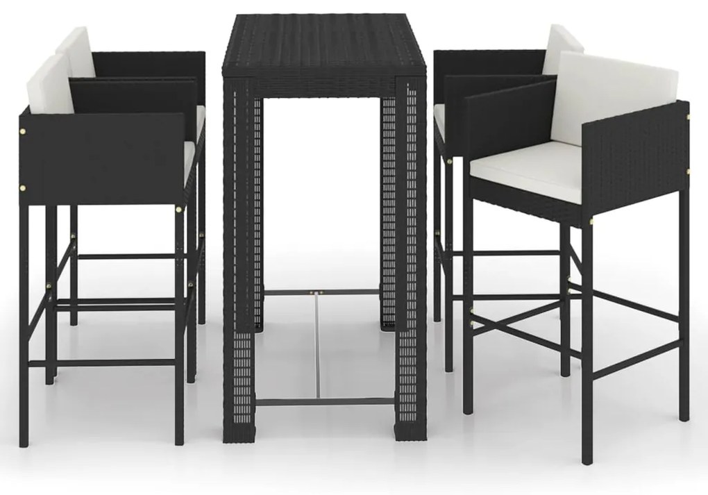 Set bar da giardino 5 pz con cuscini polyrattan nero