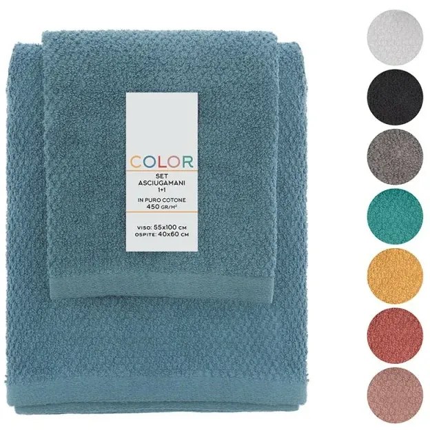 Set asciugamani bagno blu per viso e ospite in cotone puro Spring