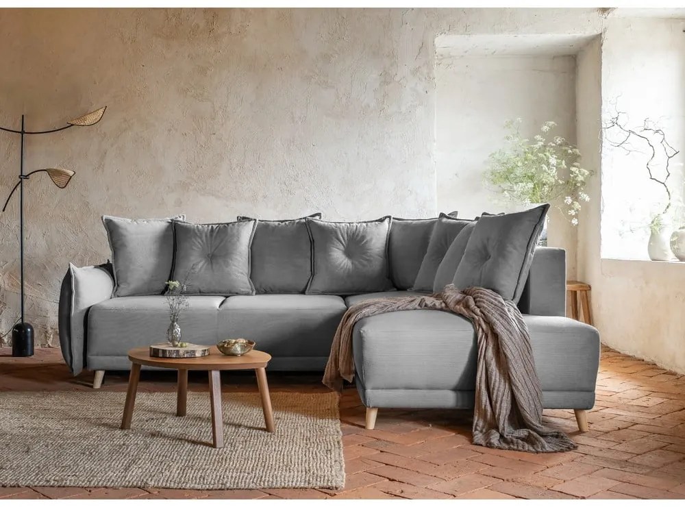Divano letto in velluto a coste grigio (angolo destro) Lazy Lukka - Miuform