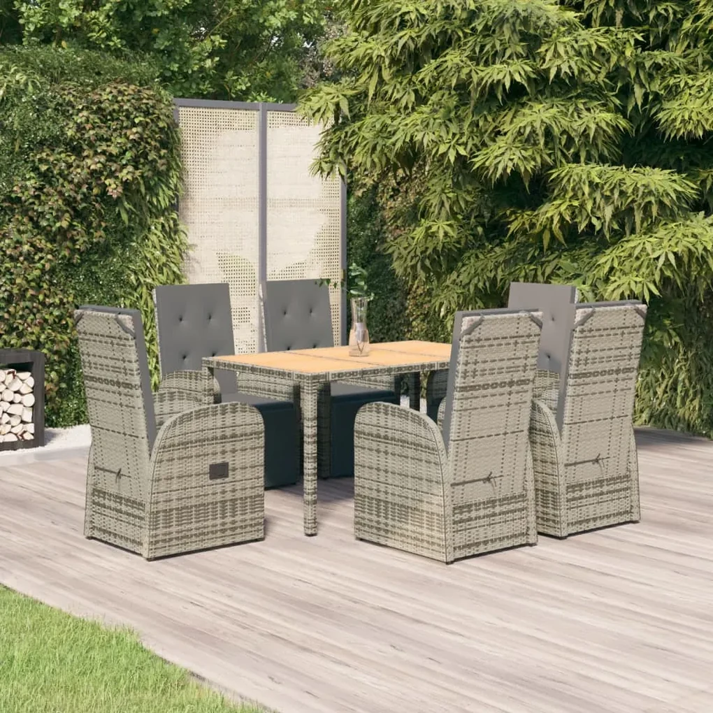 Set da pranzo da giardino 7 pz con cuscini in polyrattan grigio