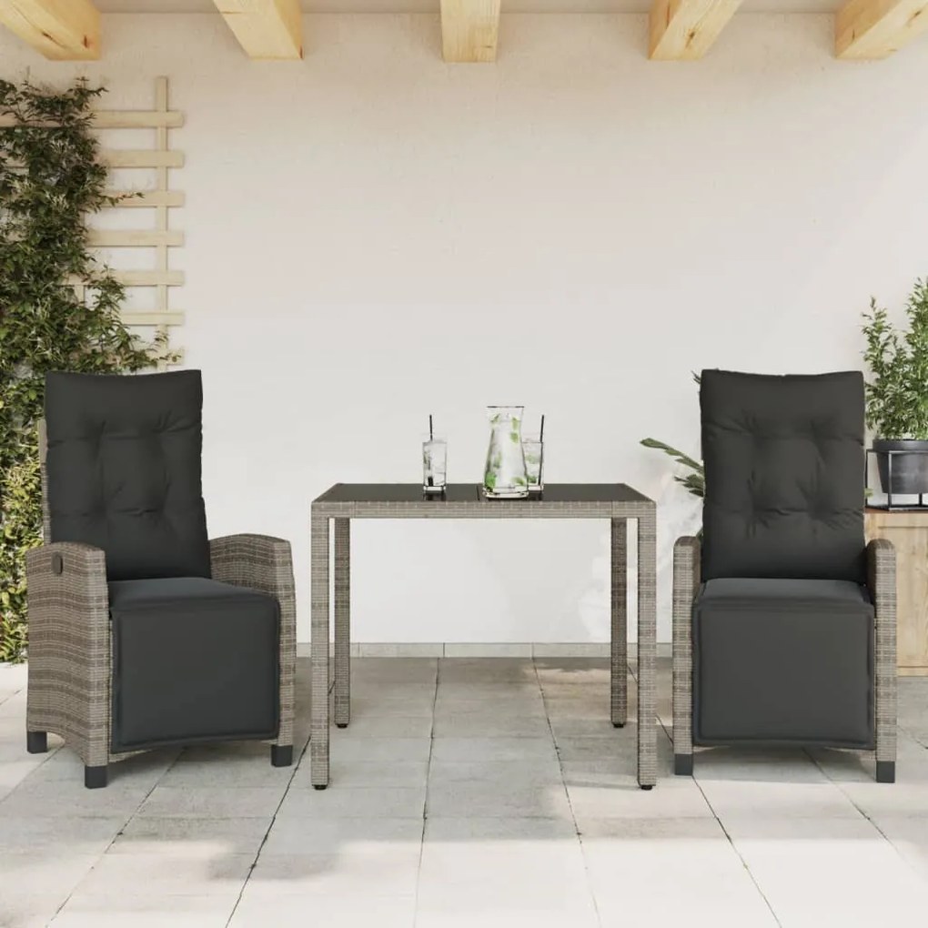 Set da pranzo da giardino 3 pz con cuscini in polyrattan grigio