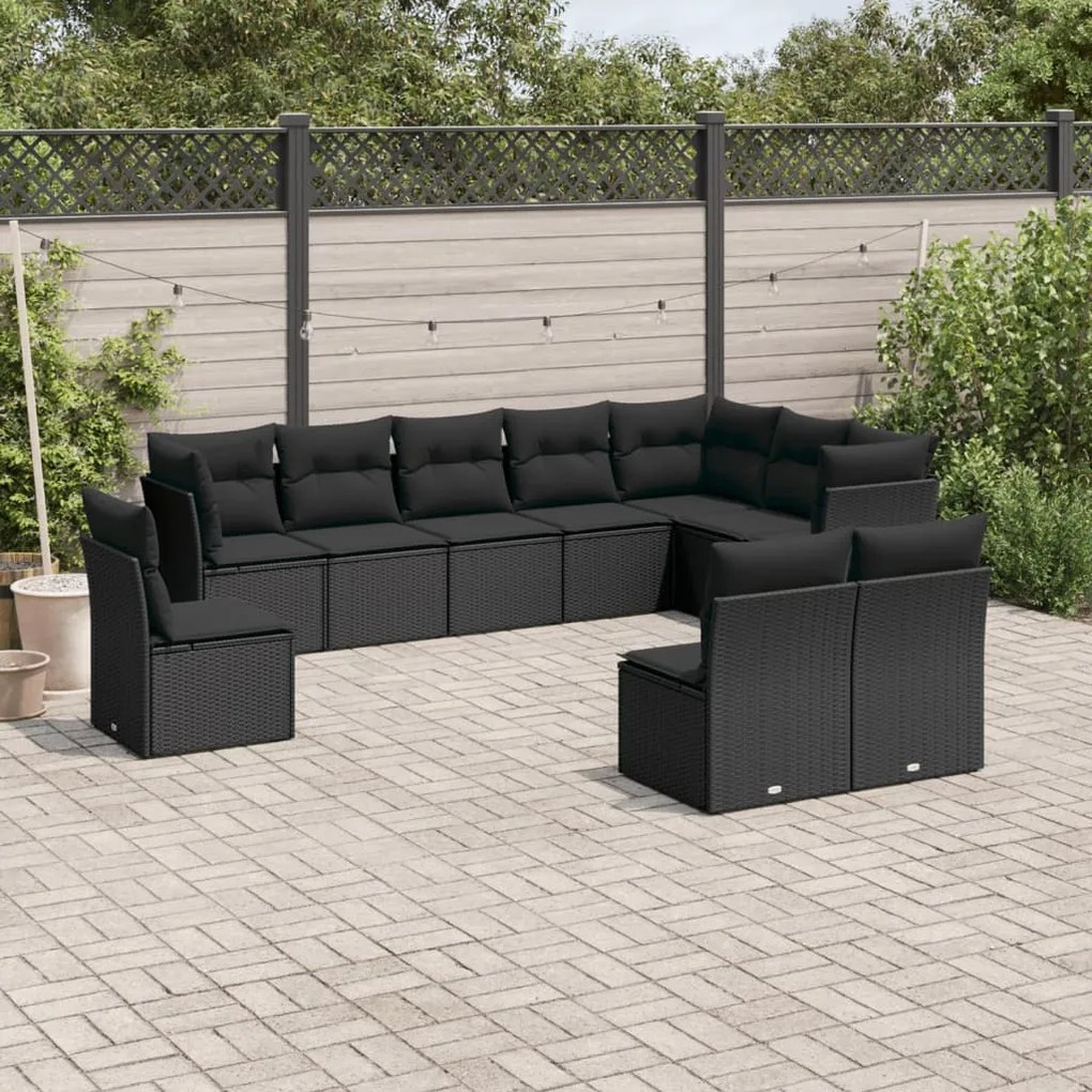 Set Divani da Giardino 10pz con Cuscini in Polyrattan Nero