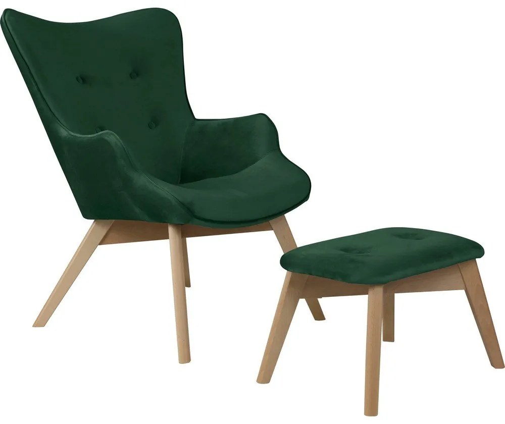 Poltrona con poggiapiedi verde scuro con rivestimento in velluto Niko – Ropez