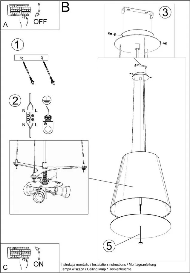 Lampada a sospensione nera con paralume in vetro ø 50 cm Tresco - Sollux
