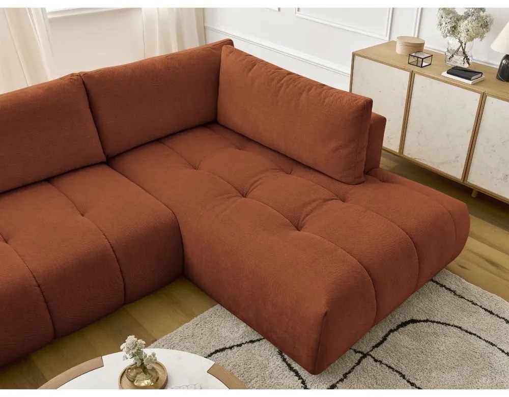 Divano angolare color mattone allungabile e con contenitore (penisola a destra/a U) Fuji – Bobochic Paris