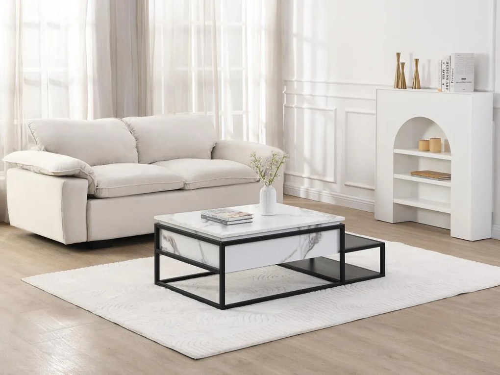 TavoLino con ripiano sollevabile in MDF e Metallo Effetto Marmo Bianco e Nero - LUTESA