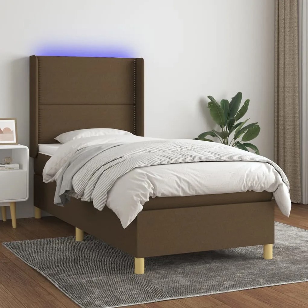 Letto a molle con materasso e led tortora 90x200 cm in tessuto