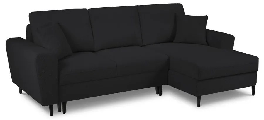 Divano angolare nero allungabile e con contenitore (con penisola a destra/con chaise lounge) con rivestimento in bouclé Kyoto – Cosmopolitan Design