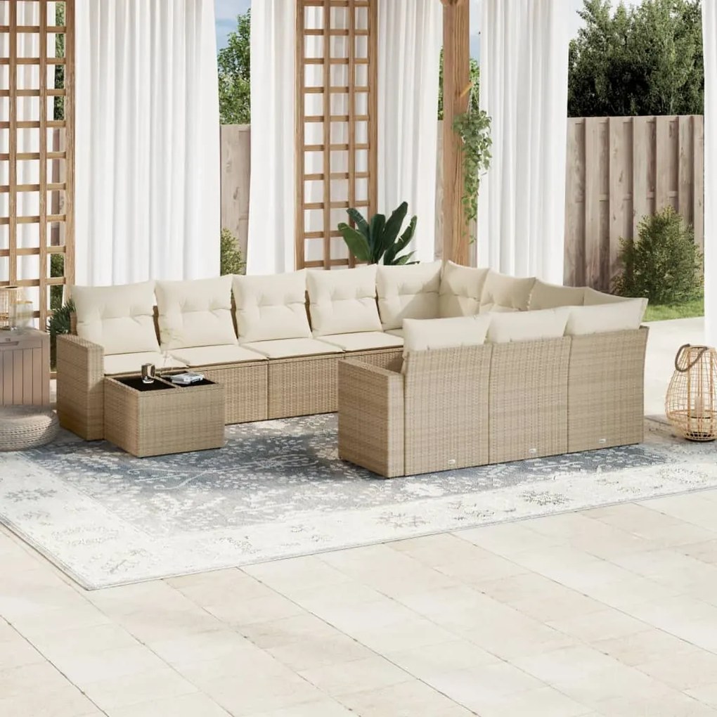 Set divani da giardino 11 pz con cuscini beige in polyrattan