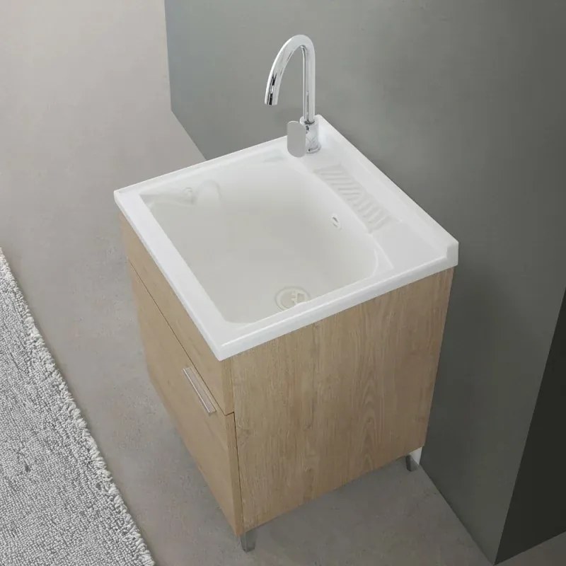 Mobile lavatoio 50x50 cm rovere con vasca in resina e asse lavapanni