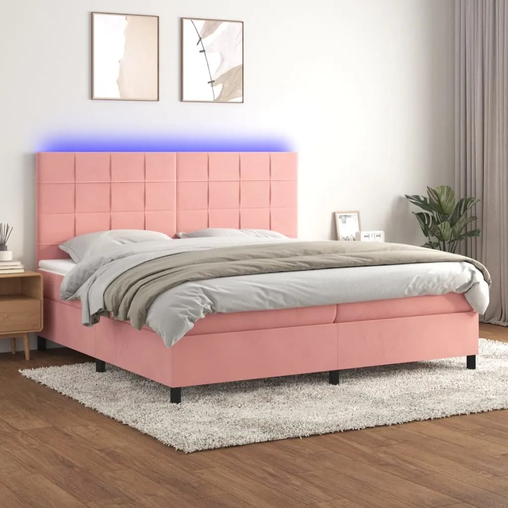 Letto a Molle con Materasso e LED Rosa 200x200 cm in Velluto