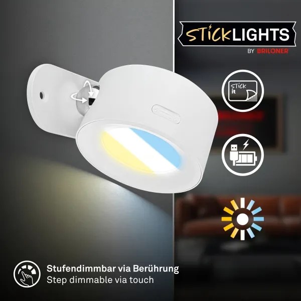 Briloner 3896016 - TARI LED lampada da parete ricaricabile e dimmerabile, 1,6 W/5 V, 1500 mAh, bianco