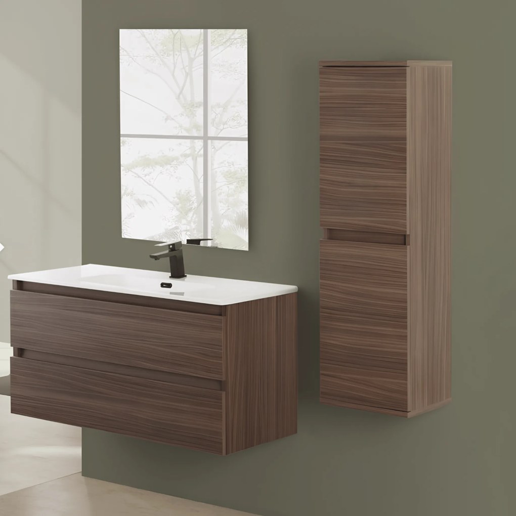 Mobile Bagno Sospeso 100 Cm Due Cassetti Specchio a Filo 80x60 Cm Feridras "Revital" Noce Canaletto
