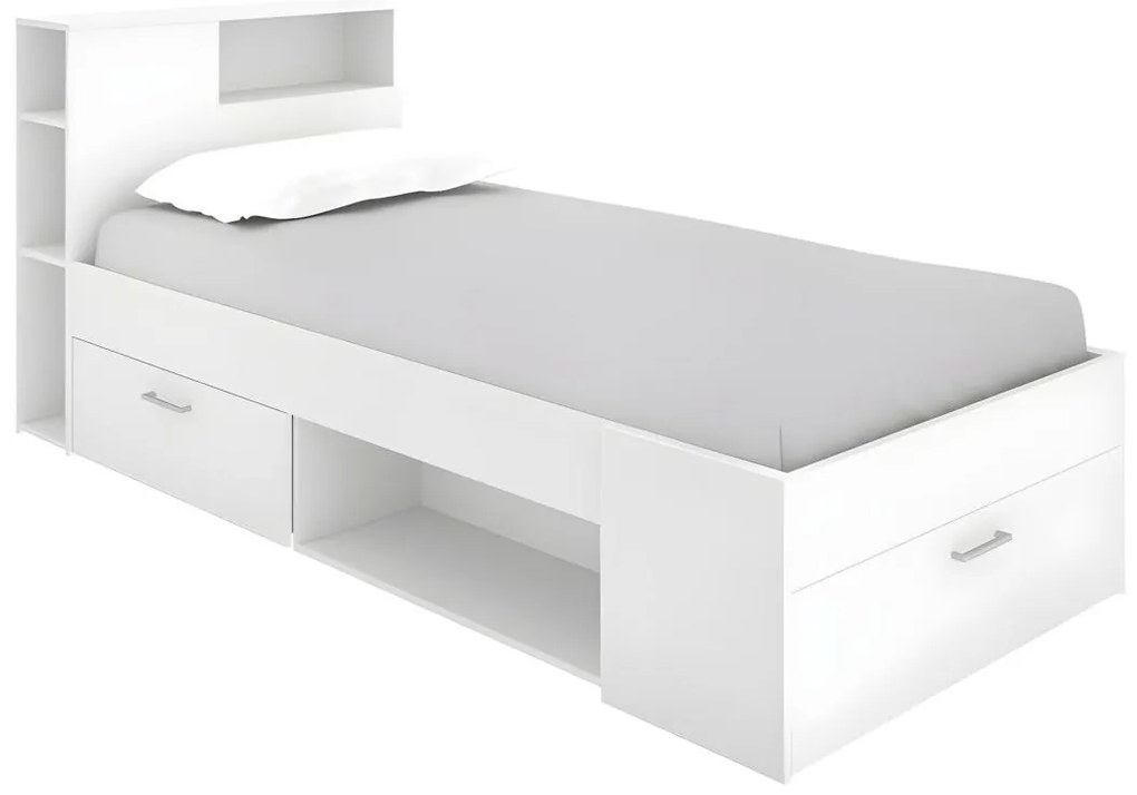 Letto singolo con testiera portaoggetti e cassetto - 90 x 190 cm Bianco - LEANDRE