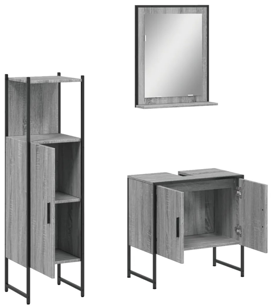 Set mobili da bagno 3 pz grigio sonoma in legno multistrato