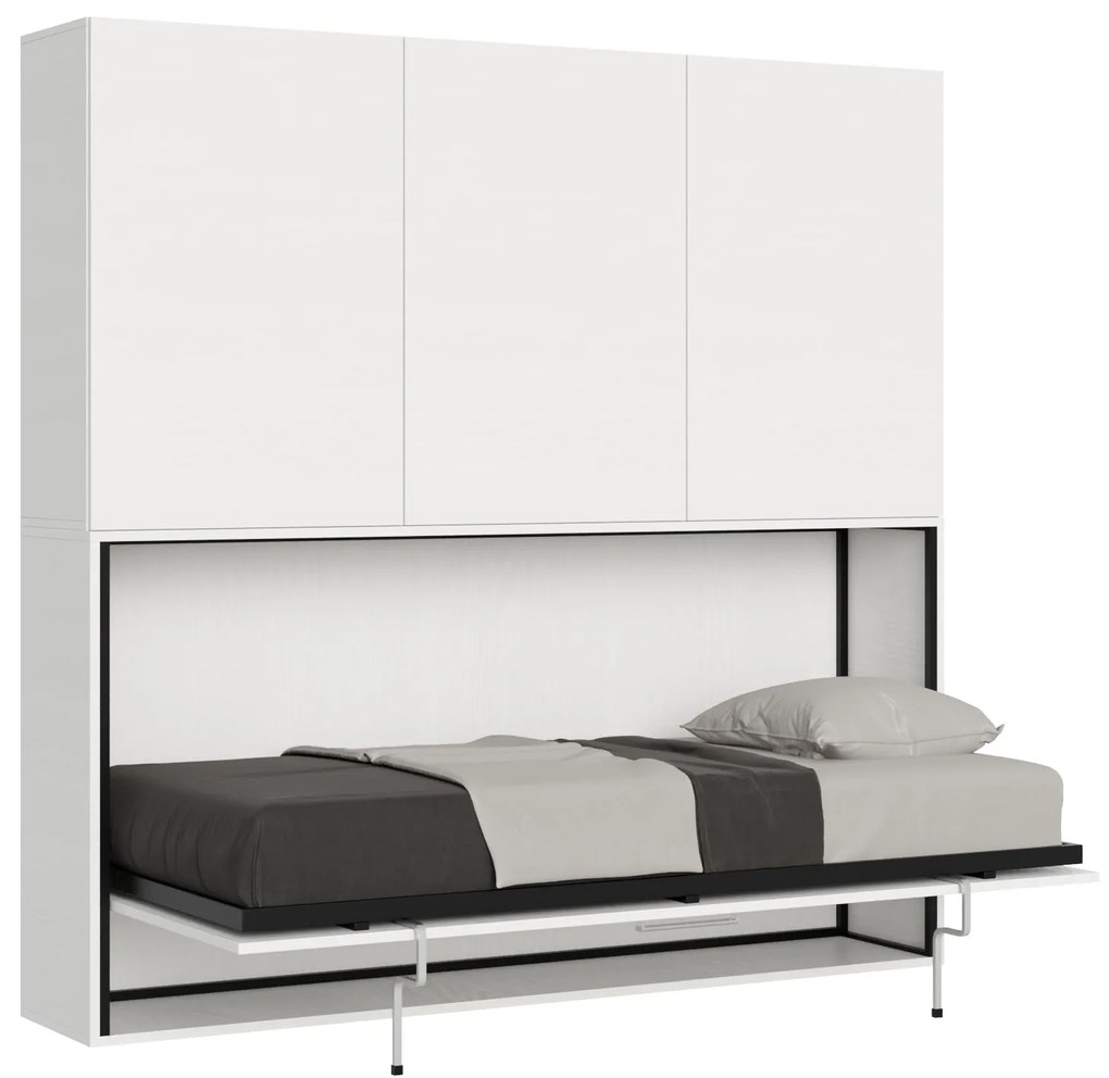 Letto a scomparsa singolo Kando con armadio libreria multifunzionale, L.199,9 P.39,2 H.194,4 cm (aperto P.106 cm) / Bianco Frassino