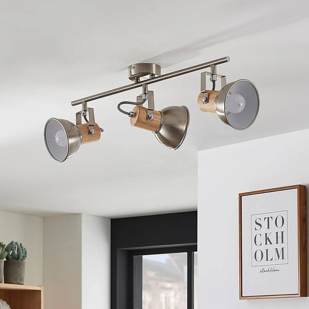 Plafoniera Dennis con legno, 3 luci, lunga Lindby, dimmerabile, Alluminio / Grigio / Zincato, Cucina, Metallo, Moderno, Faretto