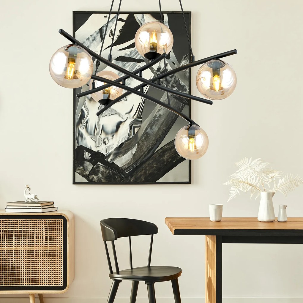 Lampadario Moderno Cadmo Acciaio Nero 5 Luci E14 Ip20