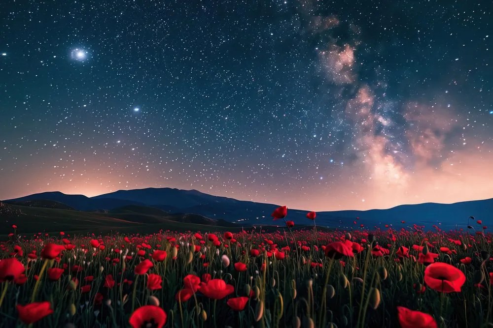 Quadro su tela – Prato di papaveri selvatici sotto le stelle
