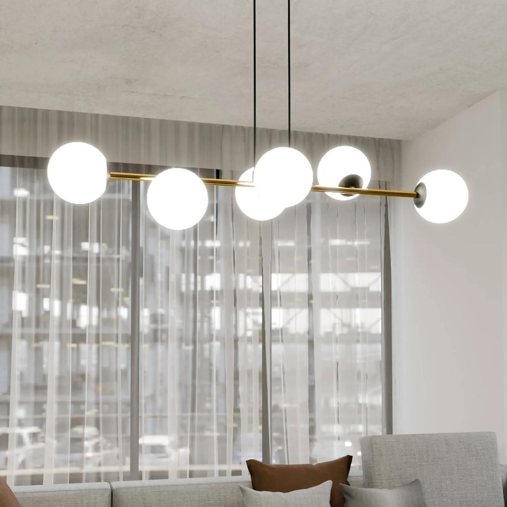 EMIBIG LIGHTING Lampada a sospensione Gravity, bianco opalino/oro/nero, vetro, E14