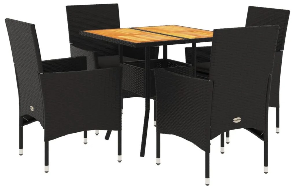 Set pranzo da giardino 5 pz con cuscini nero polyrattan acacia