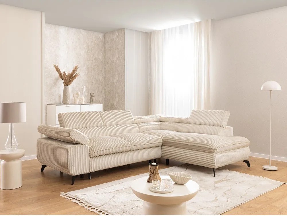 Divano angolare beige (con penisola a destra/a L) con rivestimento in velluto a coste Marbeya – Ropez