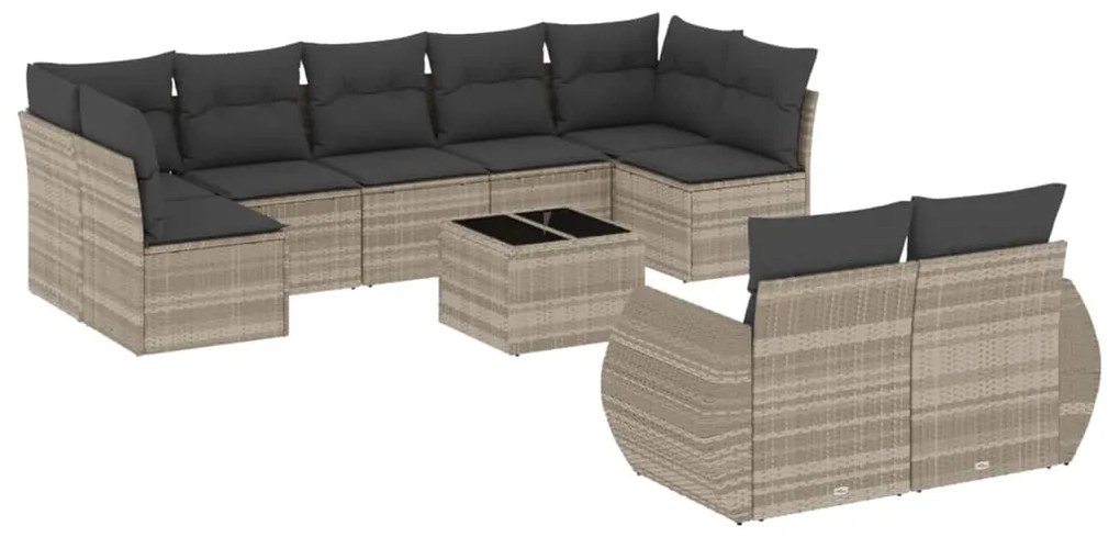 Set divano giardino 10 pz con cuscini grigio chiaro polyrattan