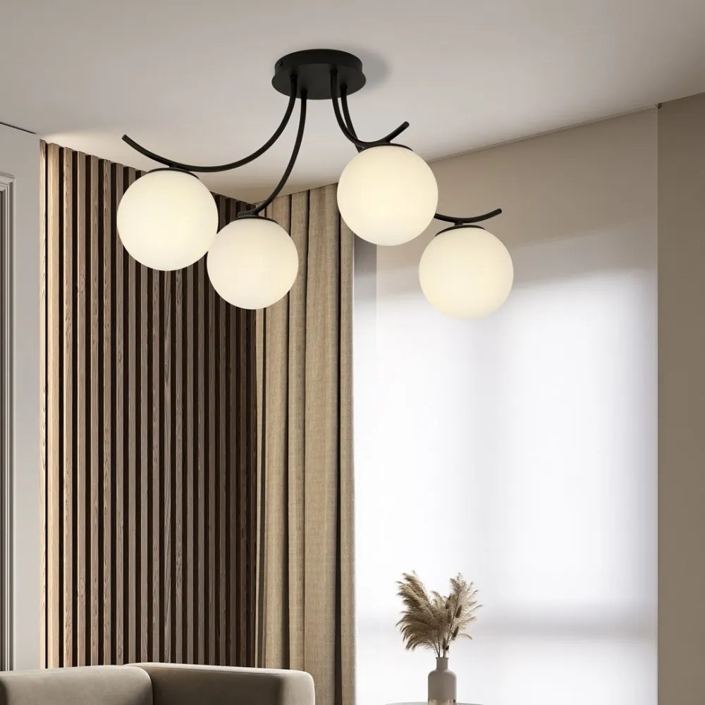 Lampadario da Soffitto in Acciaio e Vetro BOSTON 4 Nero 4xE14 Colore delle Sfere Bianco