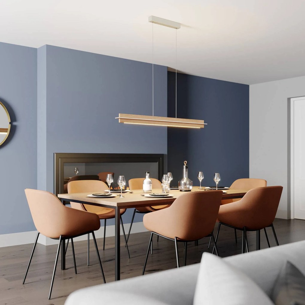 Quitani Lampada LED a sospensione Lexa, rovere/nichel, lunghezza 118 cm