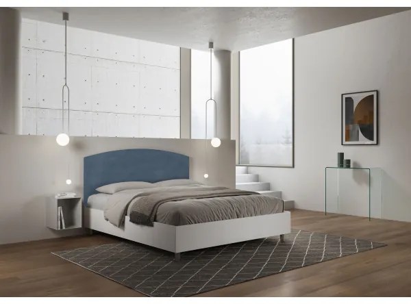 Letto contenitore da 160x190 in legno bianco e testata in microfibra blu Antilia