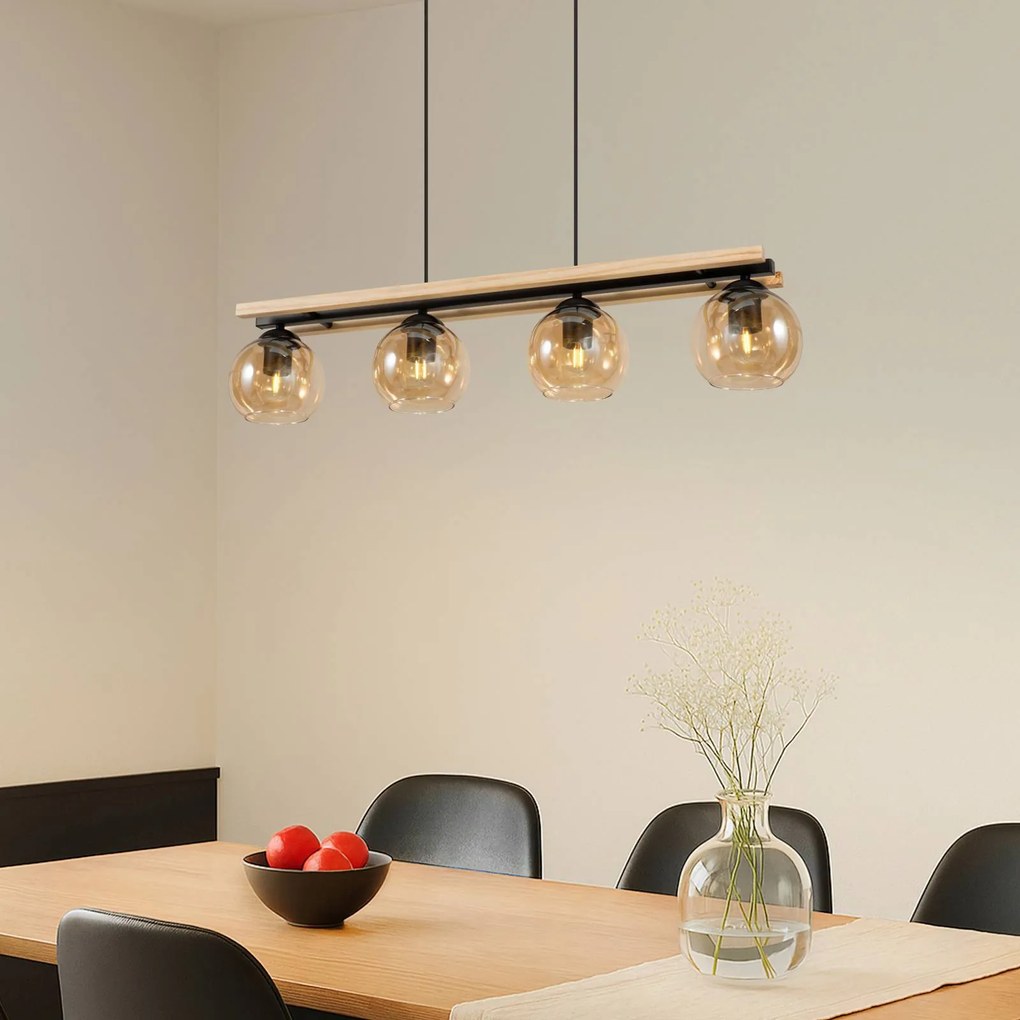 Lampada a sospensione in vetro Enrique Lindby, dimmerabile, Legno scuro, Soggiorno / Sala da pranzo, Vetro, Moderno, Lampada a sospensione