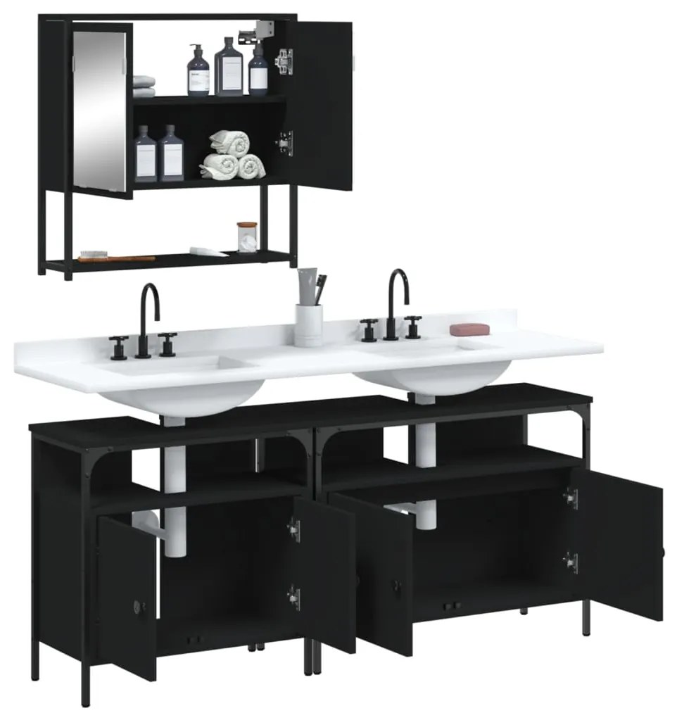 Set mobili da bagno 3 pz nero in legno multistrato