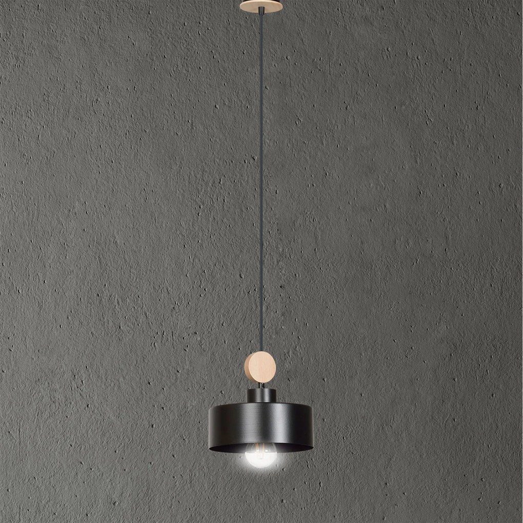 Sospensione 1 Luce Zhurong In Acciaio Nero E Legno Naturale